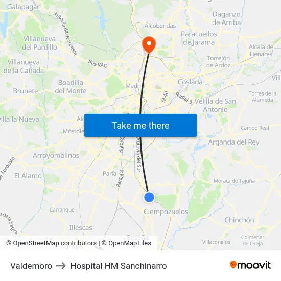 Valdemoro to Hospital HM Sanchinarro map