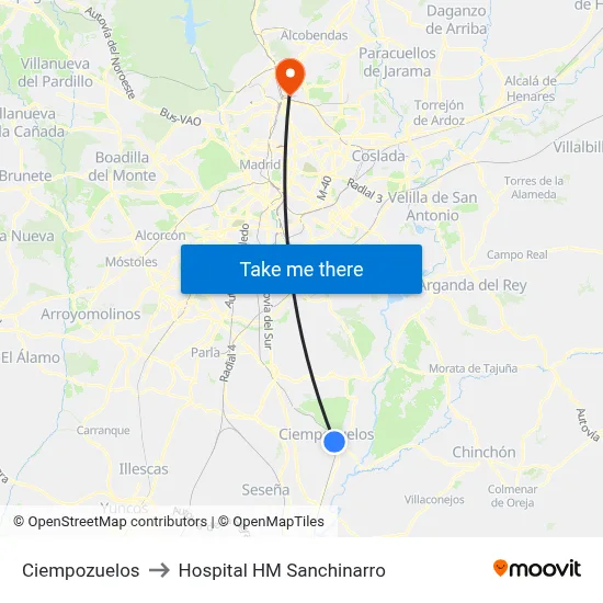 Ciempozuelos to Hospital HM Sanchinarro map