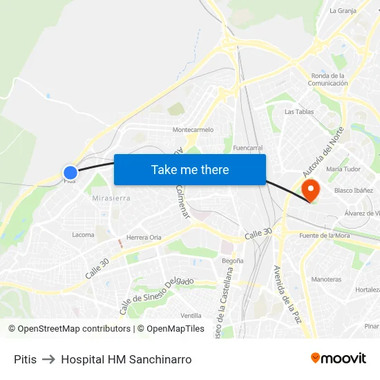 Pitis to Hospital HM Sanchinarro map