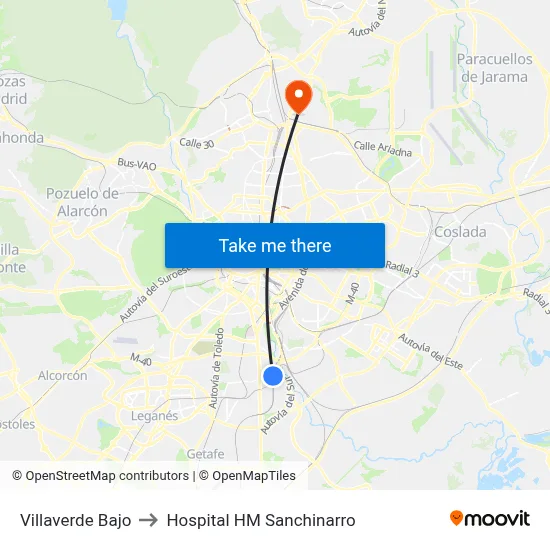 Villaverde Bajo to Hospital HM Sanchinarro map