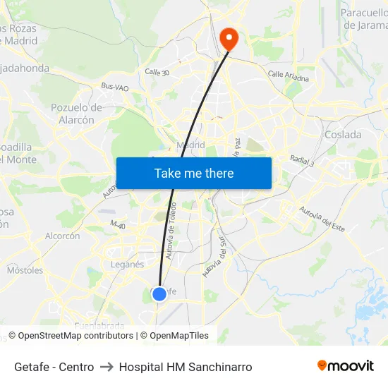 Getafe - Centro to Hospital HM Sanchinarro map
