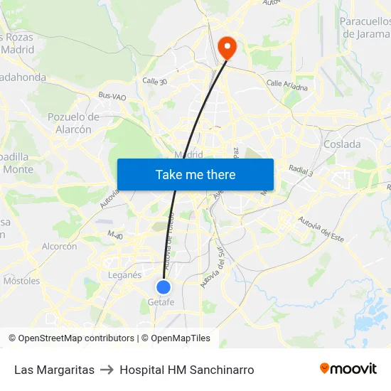 Las Margaritas to Hospital HM Sanchinarro map