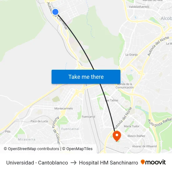 Universidad - Cantoblanco to Hospital HM Sanchinarro map