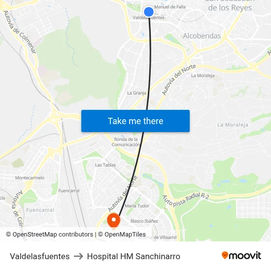 Valdelasfuentes to Hospital HM Sanchinarro map