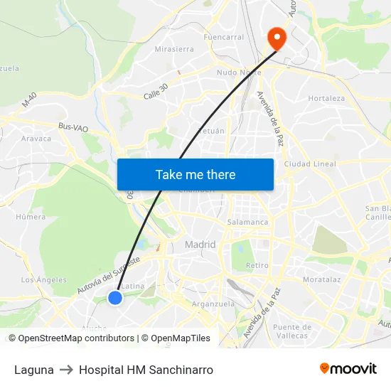 Laguna to Hospital HM Sanchinarro map
