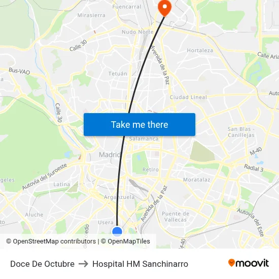 Doce De Octubre to Hospital HM Sanchinarro map