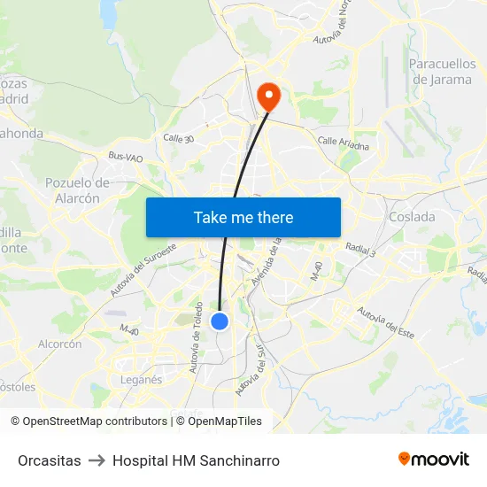 Orcasitas to Hospital HM Sanchinarro map