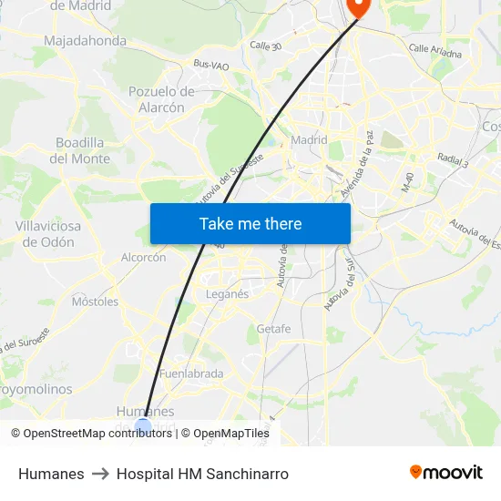 Humanes to Hospital HM Sanchinarro map