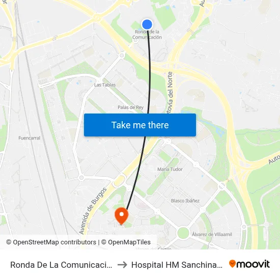 Ronda De La Comunicación to Hospital HM Sanchinarro map