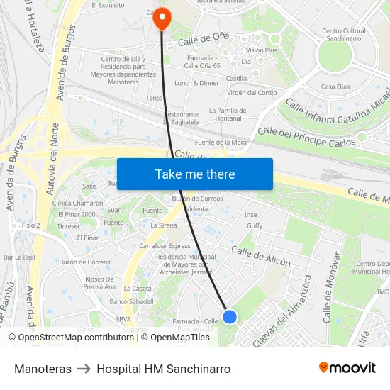 Manoteras to Hospital HM Sanchinarro map