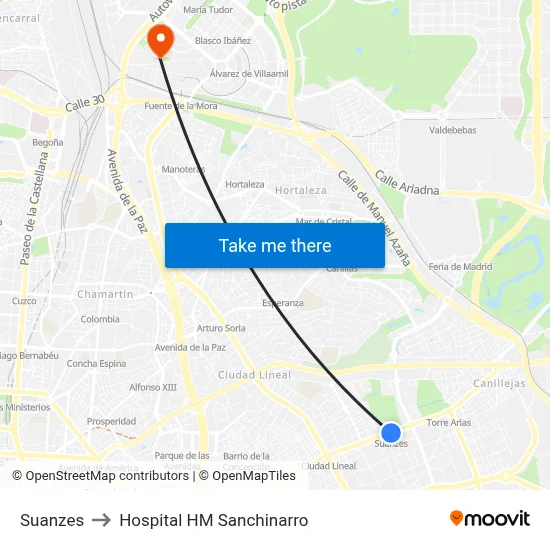 Suanzes to Hospital HM Sanchinarro map