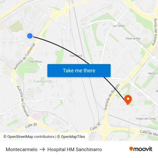 Montecarmelo to Hospital HM Sanchinarro map