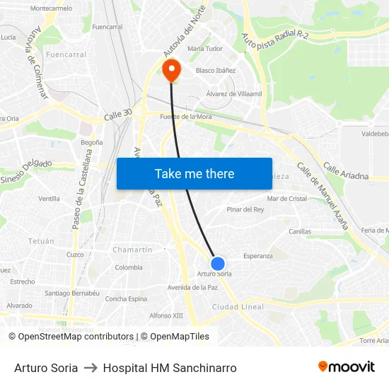 Arturo Soria to Hospital HM Sanchinarro map