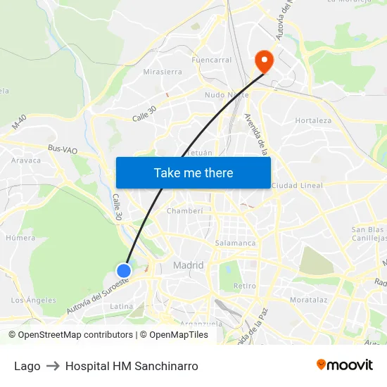 Lago to Hospital HM Sanchinarro map