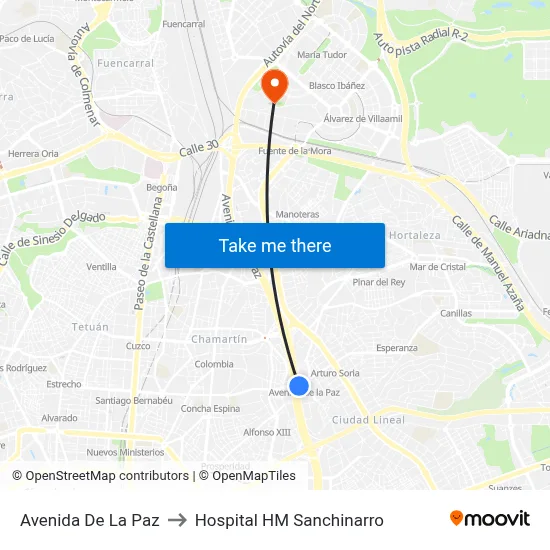 Avenida De La Paz to Hospital HM Sanchinarro map