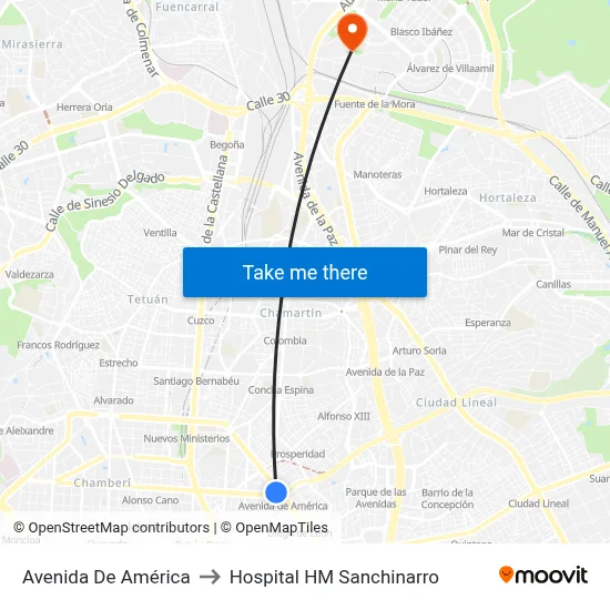 Avenida De América to Hospital HM Sanchinarro map