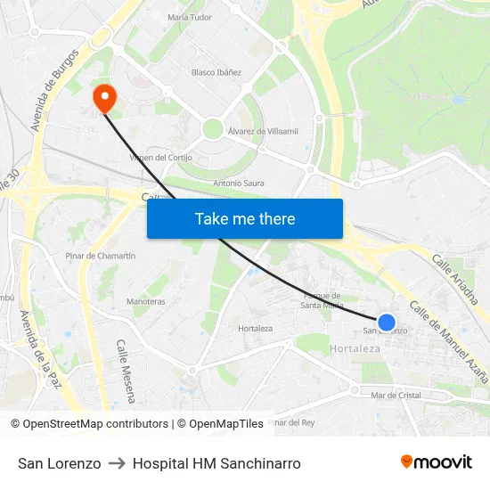 San Lorenzo to Hospital HM Sanchinarro map