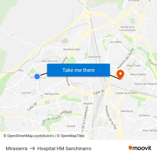 Mirasierra to Hospital HM Sanchinarro map