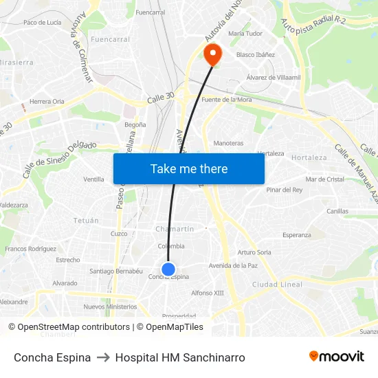 Concha Espina to Hospital HM Sanchinarro map