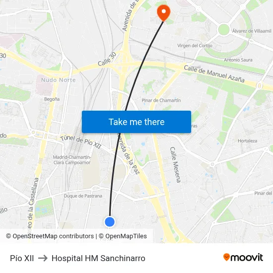 Pío XII to Hospital HM Sanchinarro map