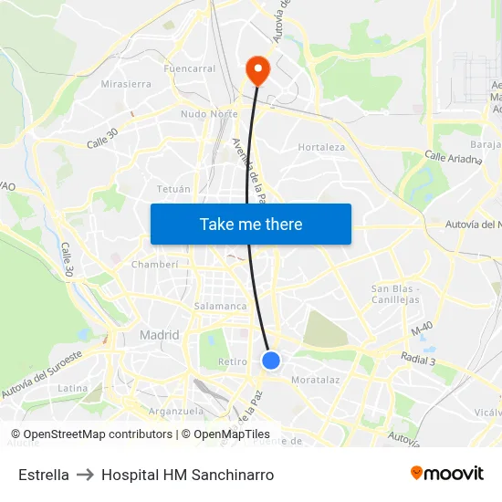 Estrella to Hospital HM Sanchinarro map