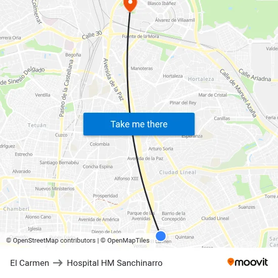 El Carmen to Hospital HM Sanchinarro map
