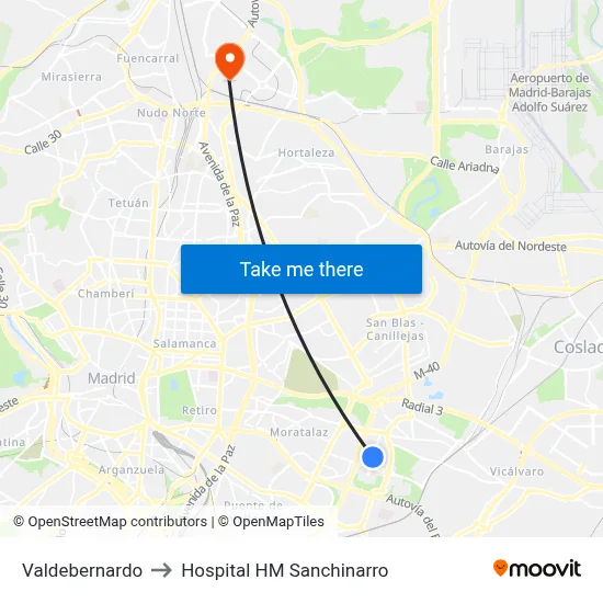 Valdebernardo to Hospital HM Sanchinarro map
