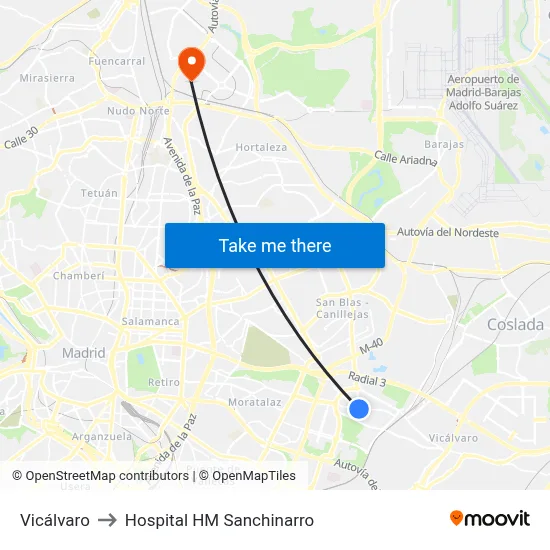 Vicálvaro to Hospital HM Sanchinarro map