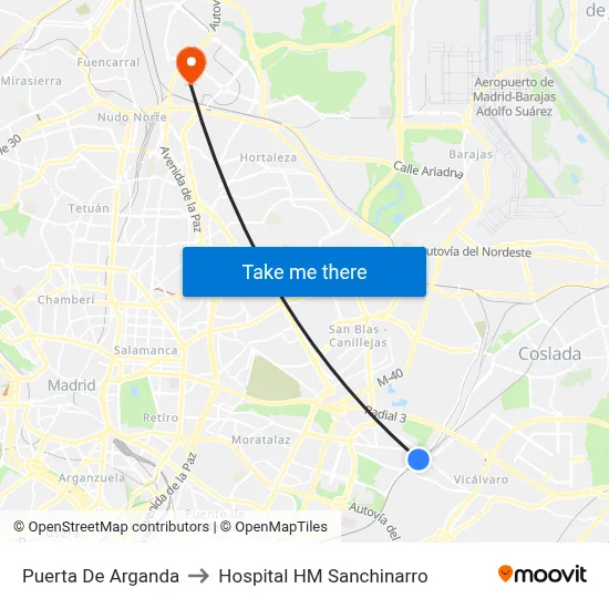 Puerta De Arganda to Hospital HM Sanchinarro map