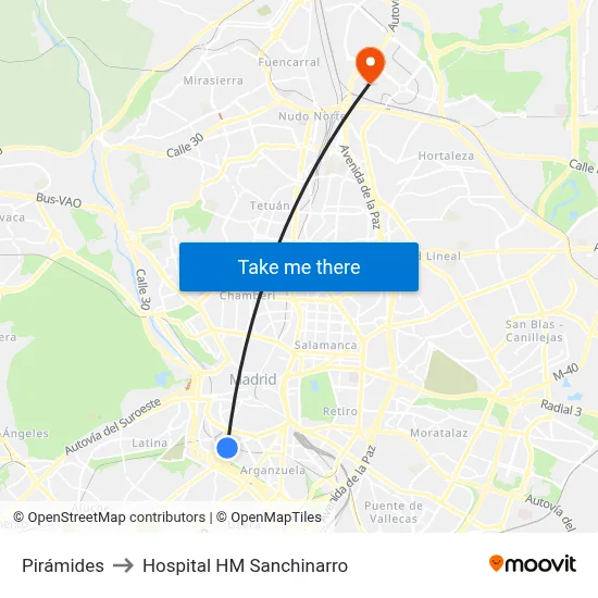 Pirámides to Hospital HM Sanchinarro map