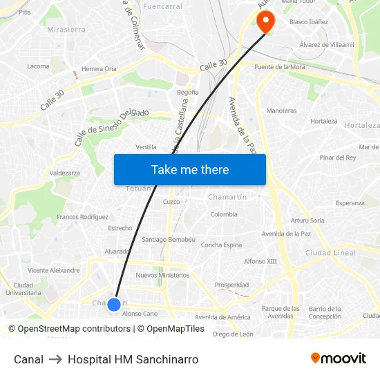 Canal to Hospital HM Sanchinarro map