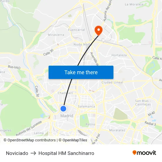 Noviciado to Hospital HM Sanchinarro map