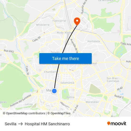 Sevilla to Hospital HM Sanchinarro map