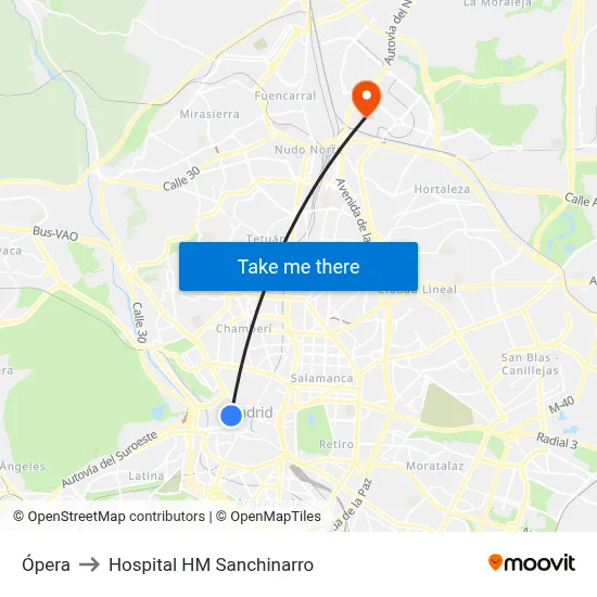 Ópera to Hospital HM Sanchinarro map