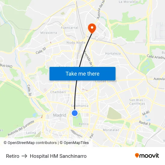 Retiro to Hospital HM Sanchinarro map
