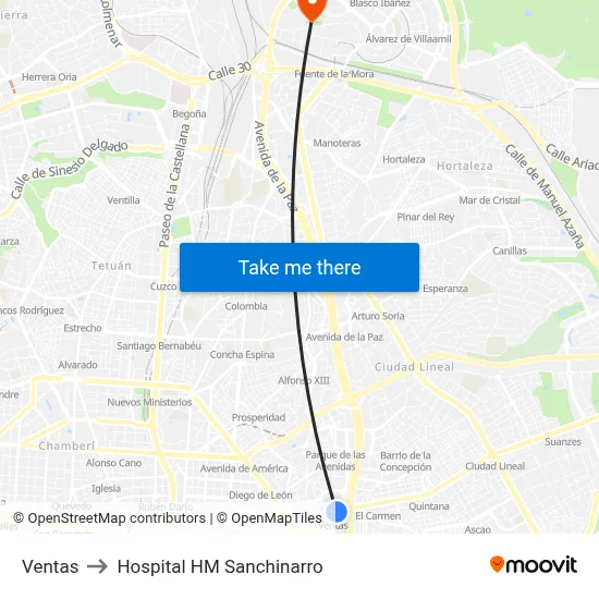 Ventas to Hospital HM Sanchinarro map