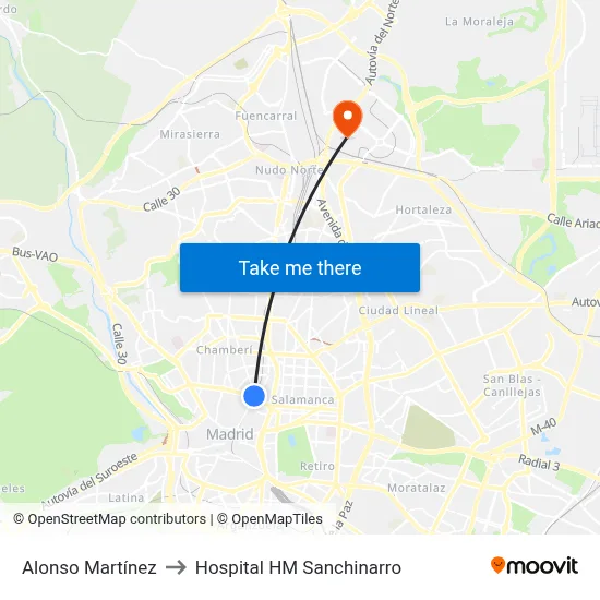 Alonso Martínez to Hospital HM Sanchinarro map