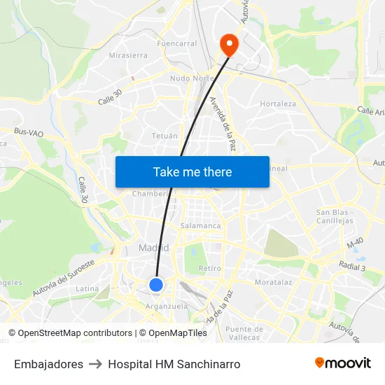 Embajadores to Hospital HM Sanchinarro map