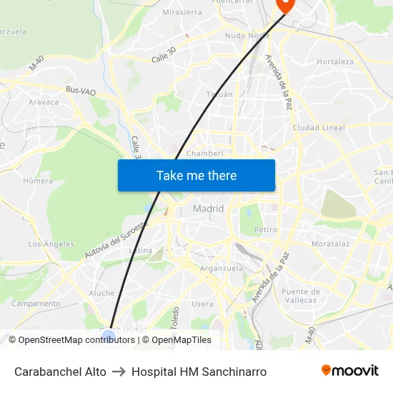 Carabanchel Alto to Hospital HM Sanchinarro map