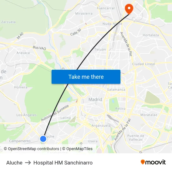 Aluche to Hospital HM Sanchinarro map