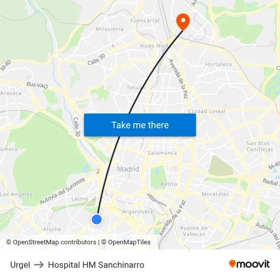 Urgel to Hospital HM Sanchinarro map