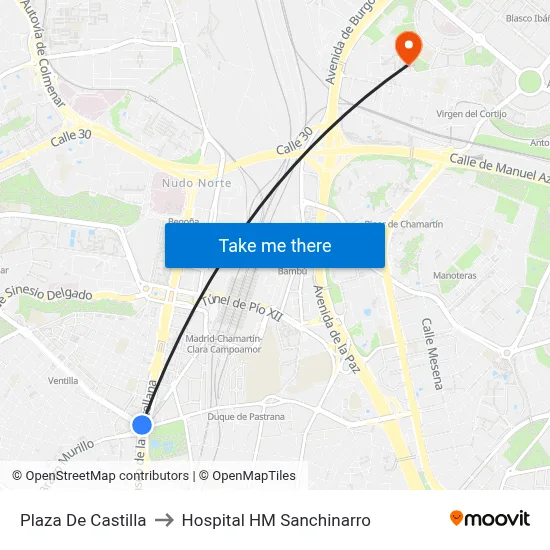 Plaza De Castilla to Hospital HM Sanchinarro map