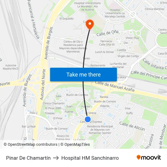 Pinar De Chamartín to Hospital HM Sanchinarro map