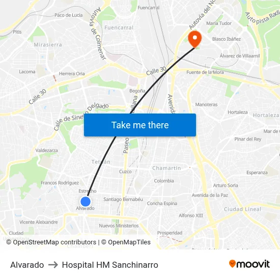 Alvarado to Hospital HM Sanchinarro map