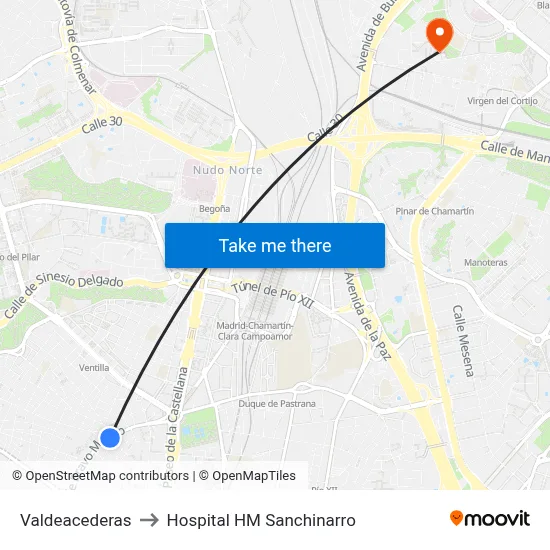 Valdeacederas to Hospital HM Sanchinarro map
