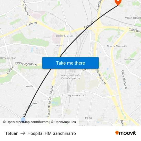 Tetuán to Hospital HM Sanchinarro map