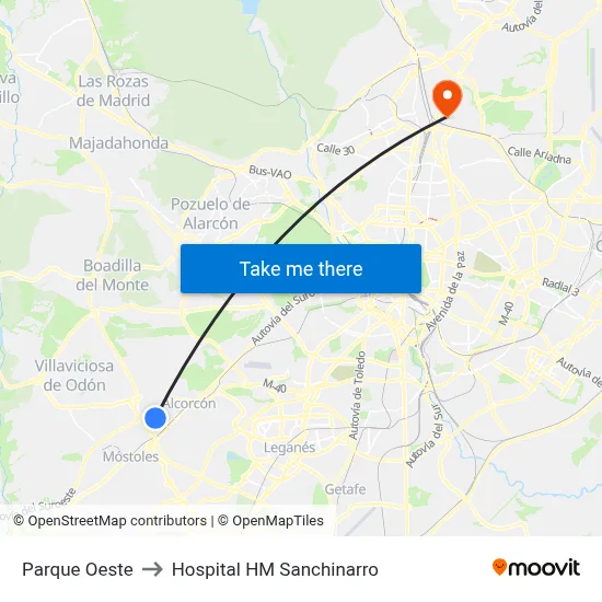 Parque Oeste to Hospital HM Sanchinarro map