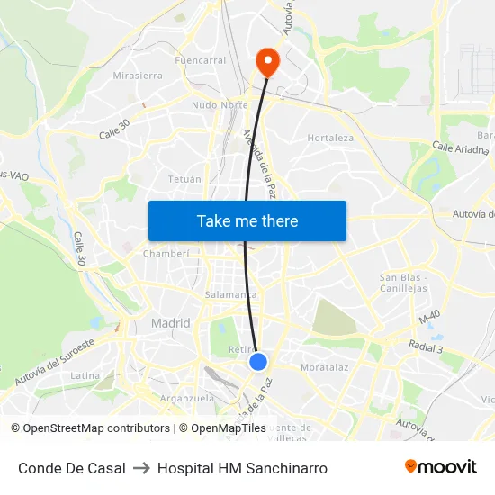 Conde De Casal to Hospital HM Sanchinarro map