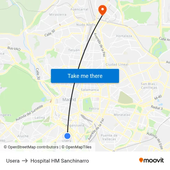 Usera to Hospital HM Sanchinarro map