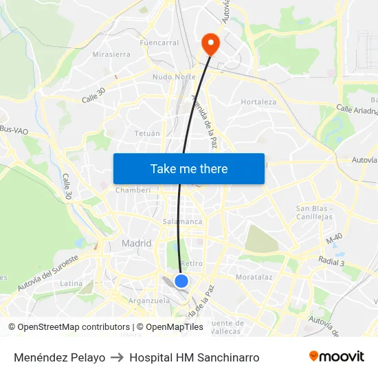 Menéndez Pelayo to Hospital HM Sanchinarro map